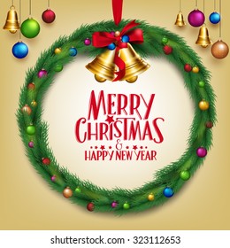 3D Realistic Merry Christmas Wreath Hanging with Colorful Bells and Balls in Light Background with Greetings. Vector Illustration.