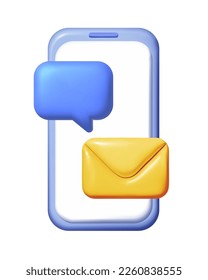 3d realistic mesh smartphone vector icon with envelope and chat bubble social media. Mobile with button yellow envelope. Incoming mail notify, newsletter and online email concept illustration phone.