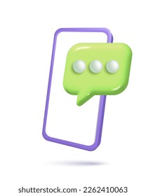 Icono de vector de smartphone 3d realista de malla con burbuja de chats en los medios sociales. Móvil con marco de texto. Teléfono de ilustración de concepto de correo entrante, boletín y correo electrónico en línea.