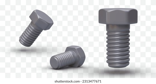 3d realistic metal bolt in different positions. Repair tool concept. Colored product of instrument for poster or online store. Colorful vector illustration in cartoon style