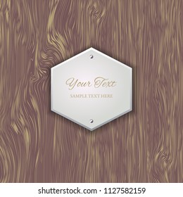 3D realistic metal frame on wooden textured background. Advertisement banner design template. Vector illustration