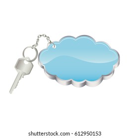 3D realistic metal key with keyring in cloud shape vector illustration