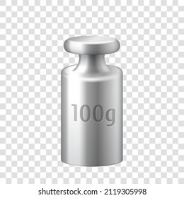 3d realistic metal silver calibration laboratory weight for 100 gram isolated on transparent background. Weights for mechanical scales. Vector illustration