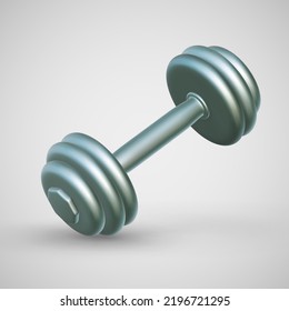 3D realistic metallic dumbbell on light background. Heavy weight accessories for physical exercise and fitness. Healthy lifestyle concept: dumbbell for individual sports and gym. Vector illustration