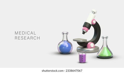 3d microscopio realista con distinto matraz con líquidos. Ensayos de sustancias en laboratorio. Concepto de investigación médica. Ilustración vectorial con lugar para texto