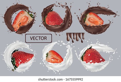 3d realistic milk and chocolate splash with strawberry. Collection strawberries covered in milk. Sweet chocolate dessert . Milk-chocolate cocktail. Organic vegan. Vector illustration.