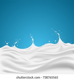 3d realistic milk splash. fluid with drops on blue background. Vector illustration