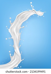 La Leche Realista En 3D Se Esplusa En Fondo Azul. Vector EPS10