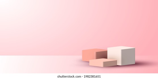 3D realistic minimal scene empty pink cubes display on soft pink background with lighting and space for your text. You can use design for product presentation, mockup, etc. Vector illustration