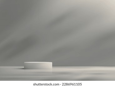 Plataforma de podio blanco vacía de estilo minimalista 3D realista con iluminación natural sobre fondo gris. Se puede utilizar para presentaciones estéticas de belleza, maquillaje de escaparates, sala de exposición, promoción de stand de productos, etc.