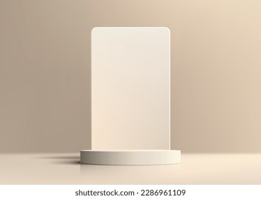 3D realistic minimal style empty white podium platform stand with geometric rectangle backdrop on minimal wall scene brown background and natural light. You can use for beauty cosmetic presentation