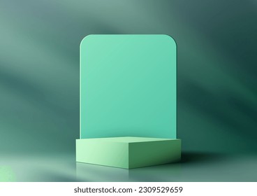 3D realistic minimal style empty green podium platform stand with geometric rectangle backdrop on minimal wall scene green background and natural light. You can use for beauty cosmetic presentation