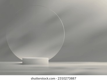 3D realistic minimal style empty white podium platform with transparent glass circle backdrop natural lighting on gray background. beauty cosmetic presentation, showcase mockup, showroom, product