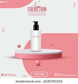 3D realistic minimalist empty podium design template in an isolated pink background. Social media cosmetics product sale advertisement poster design vector. Promotional product sale postcard design. 