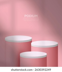 Plantilla de diseño de podio minimalista realista en 3D en un fondo rosa aislado. Vector de diseño de póster de publicidad de venta de productos de cosméticos de redes sociales. Diseño promocional de la postal de la venta del producto. 