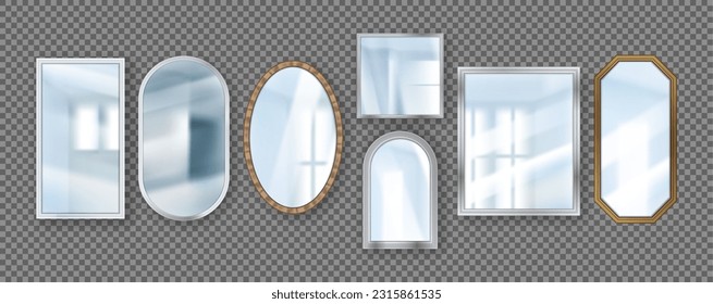 3D realistic mirrors. Circle and square reflective surfaces. Home decor collection. Hanging on wall furniture. Light reflection and backlight effects. Vector exact interior elements set