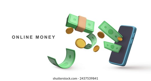 3D Realistic mobile phone with falling green dollar stack and gold coins. Vector illustration.