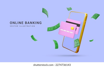 3d realistic mobile wallet with falling green paper currency. Mobile banking app and e-payment. Credit card for online payment or shopping. Vector illustration