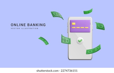 3d realistic mobile wallet with falling green paper currency. Mobile banking app and e-payment. Credit card for online payment or shopping. Vector illustration