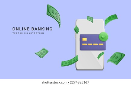 3d realistic mobile wallet with falling green paper currency. Mobile banking app and e-payment. Credit card for online payment or shopping. Vector illustration
