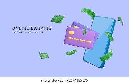 3d realistic mobile wallet with falling green paper currency. Mobile banking app and e-payment. Credit card for online payment or shopping. Vector illustration