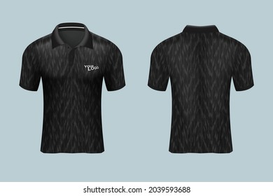 3D realistic mock up of black front and back of polo shirt. soccer sport jersey template. Concept for football team uniform or apparel mockup template in design vector illustration