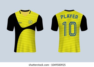 3D realistic mock up of front and back of soccer jersey shirt. Concept for soccer team uniform or football apparel mockup. Yellow soccer kit t-shirt template design in vector illustration.