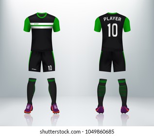 3D realistic mock up of front and back of black and green soccer jersey t-shirt with pants and socks. Concept for soccer team uniform or football apparel mockup template in design vector illustration