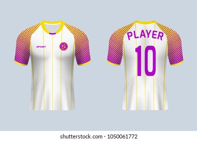 3D realistic mock up of front and back of soccer jersey shirt. Concept for soccer team uniform or football apparel mockup. White soccer kit t-shirt template design in vector illustration.