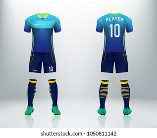 3D realistic mock up of front and back of blue soccer jersey t-shirt with pants and socks. Concept for soccer team uniform or football apparel mockup template in design vector illustration