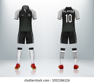 3D realistic mock up of front and back of black soccer jersey t-shirt with pants and socks. Concept for soccer team uniform or football apparel mockup template in design vector illustration
