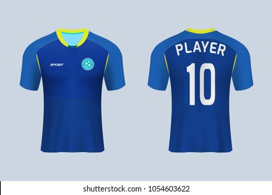 3D realistic mock up of front and back of   soccer jersey shirt. Concept for soccer team uniform or football apparel mockup. Blue soccer kit t-shirt template design in vector illustration.