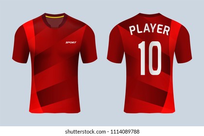 3D realistic mock up of front and back of  Red soccer jersey shirt. Concept for soccer team uniform or football apparel mockup. Red soccer kit t-shirt template design in vector illustration.