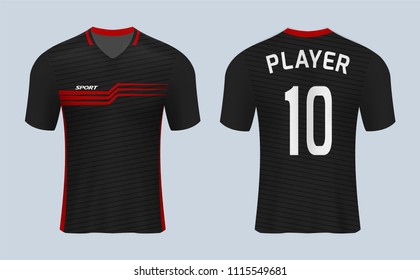 3D Realistic Mock Up Of Front And Back Of Black Soccer Jersey Shirt. Concept For Soccer Team Uniform Or Football Apparel Mockup. Black Soccer Kit T-shirt Template Design In Vector Illustration.