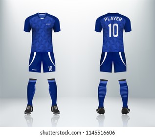 3D realistic mock up of front and back of blue soccer jersey t-shirt with pants and socks. Concept for football team uniform or apparel mockup template in design vector illustration
