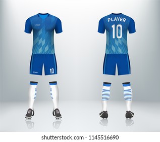 3D realistic mock up of front and back of blue soccer jersey t-shirt with pants and socks. Concept for football team uniform or apparel mockup template in design vector illustration
