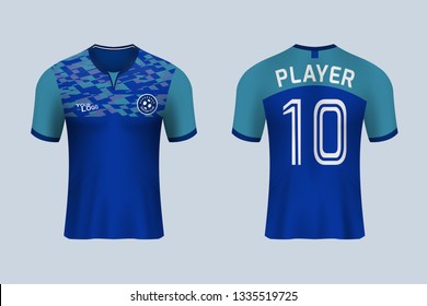 3D realistic mock up of front and back of blue soccer jersey t-shirt kit. Concept for football team uniform or apparel mockup in vector illustration.