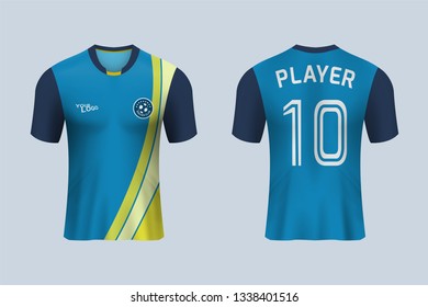 3D realistic mock up of front and back of blue soccer jersey t-shirt kit. Concept for football team uniform or apparel mockup in vector illustration