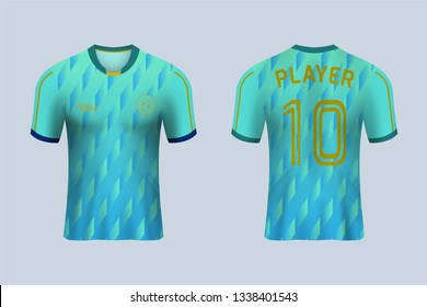 3D realistic mock up of front and back of blue gradient soccer jersey t-shirt kit. Concept for football team uniform or apparel mockup in vector illustration