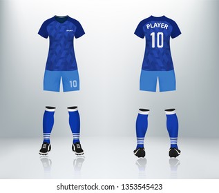 3D realistic mock up of front and back of France female soccer jersey t-shirt with pants and socks. Concept for women football team uniform or apparel mockup template in design vector illustration