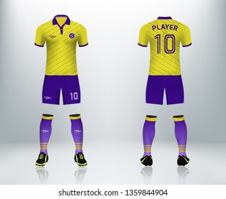 3D realistic mock up of front and back of Yellow and violet soccer jersey t-shirt with pants and socks. Concept for football team uniform or apparel mockup template in design vector illustration