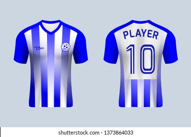 3D realistic mock up of front and back of blue stripe soccer jersey t-shirt kit. Concept for football team uniform or apparel mockup in vector illustration