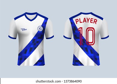 3D realistic mock up of front and back of blue soccer jersey t-shirt kit. Concept for football team uniform or apparel mockup in vector illustration