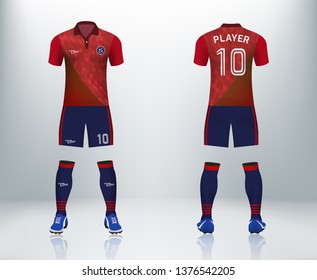 3D realistic mock up of front and back of red soccer jersey t-shirt with pants and socks. Concept for football team uniform or apparel mockup template in design vector illustration