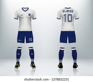 3D realistic mock up of front and back of white soccer jersey t-shirt with pants and socks. Concept for football team uniform or apparel mockup template in design vector illustration