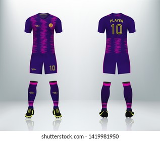 3D realistic mock up of front and back of blue and pink soccer jersey t-shirt kit. Concept for football team uniform or apparel mockup in vector illustration