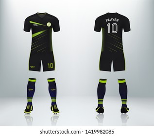 3D realistic mock up of front and back of black soccer jersey t-shirt kit. Concept for football team uniform or apparel mockup in vector illustration