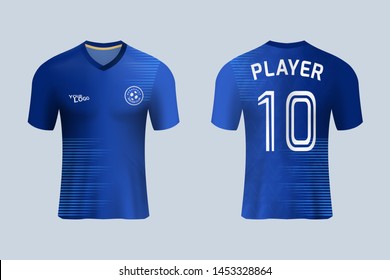 3D realistic mock up of front and back of blue soccer jersey t-shirt kit. Concept for football team uniform or apparel mockup in vector illustration