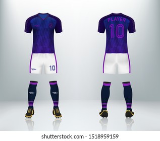 3D realistic mock up of front and back of blue soccer jersey t-shirt kit. Concept for football team uniform or apparel mockup in vector illustration