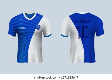 3D realistic mock up of front and back of blue soccer jersey t-shirt kit. Concept for football team uniform or apparel mockup in vector illustration